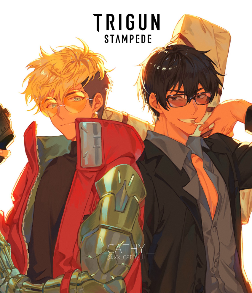2boys, blonde_hair, blue_eyes, cathy_(xx_cathy_li), cigarette, coat, cross, hair_between_eyes