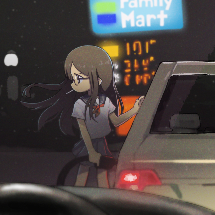 1girl, brown_eyes, brown_hair, car, cigarette, commentary, english_commentary, floating_hair