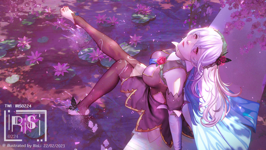 1girl, absurdres, bangs, bare_shoulders, barefoot, blue_cape, breasts, butterfly_hair_ornament