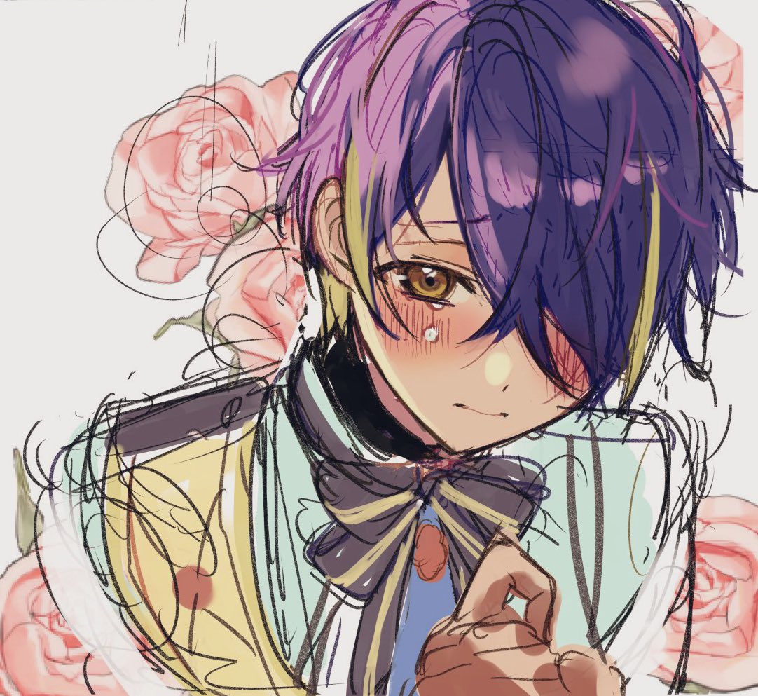 1boy, blush, closed_mouth, ensemble_stars!, floral_background, flower, gloves, long_sleeves