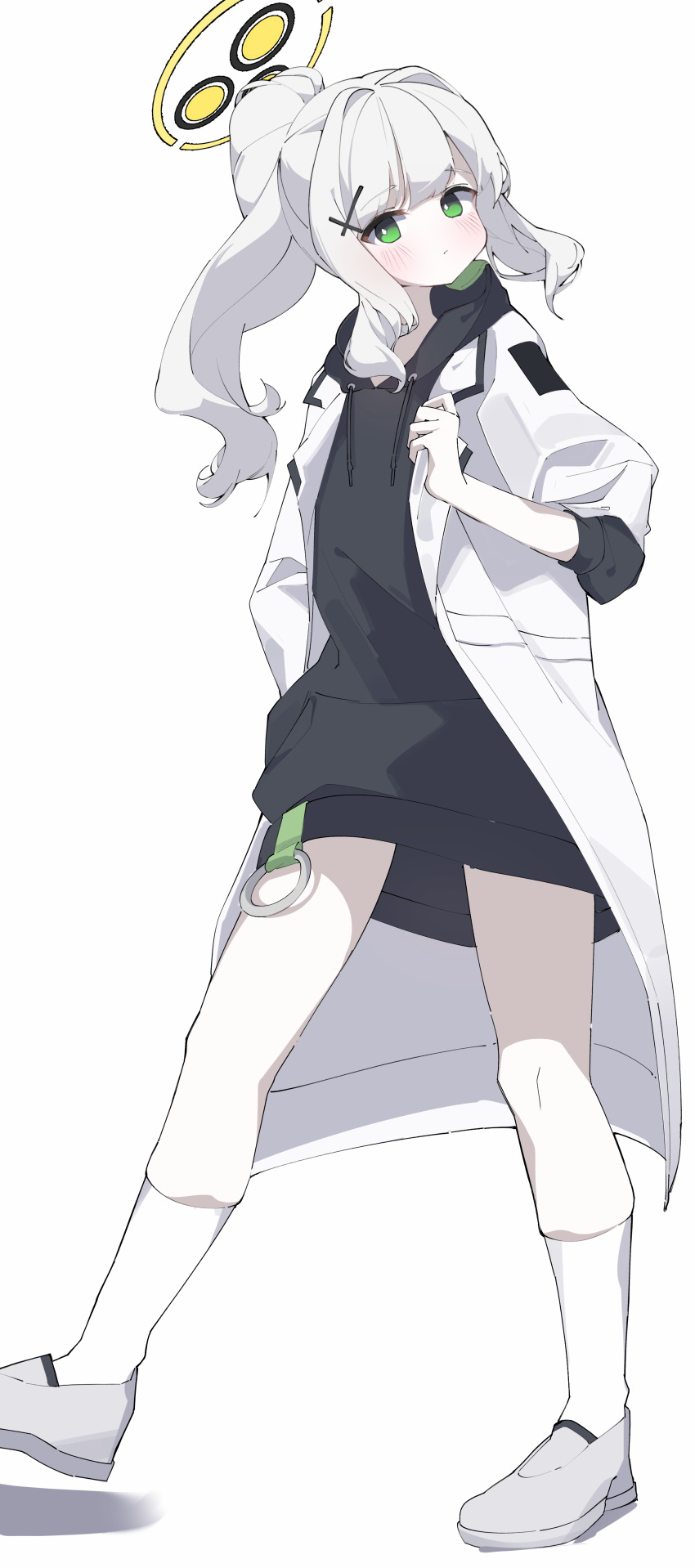 1girl, absurdres, black_hoodie, blue_archive, bullet_(artist), green_eyes, halo, hare_(blue_archive), highres, hood, hoodie, labcoat, looking_at_viewer, ponytail, school_uniform, thighs, uniform, white_hair