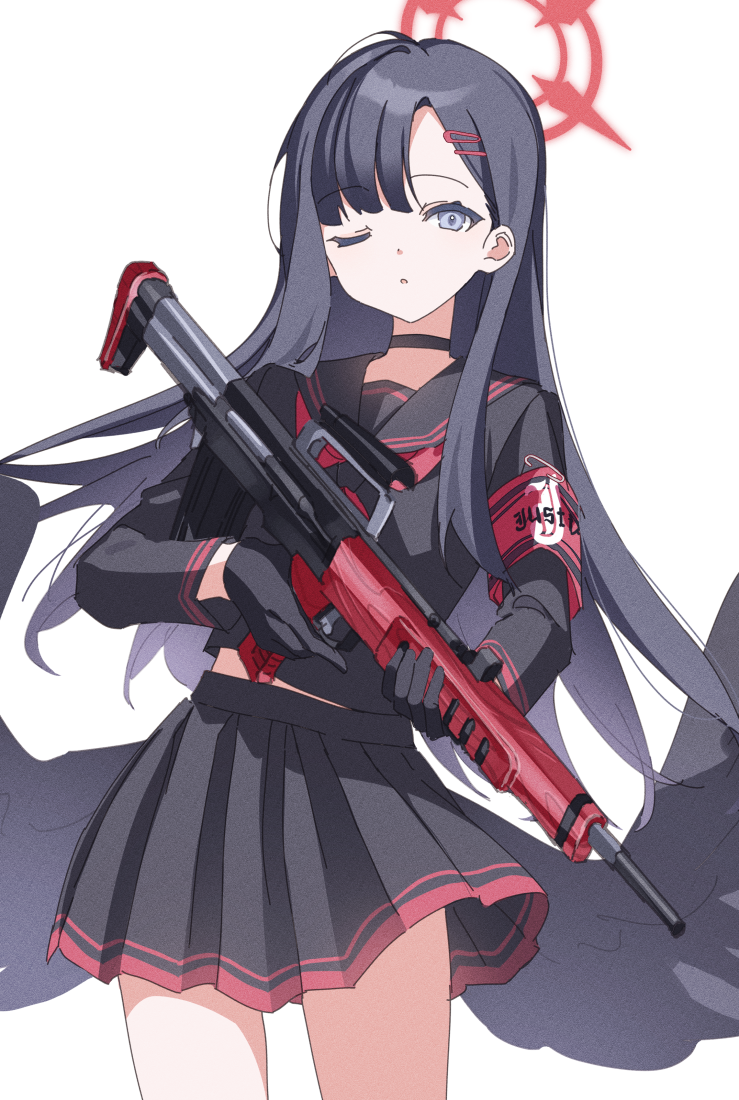 1girl, black_choker, black_gloves, black_hair, black_serafuku, blue_archive, choker, gloves