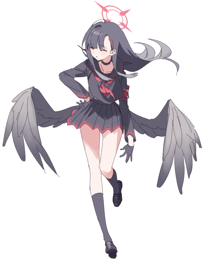 1girl, black_choker, black_gloves, black_hair, black_serafuku, blue_archive, choker, gloves
