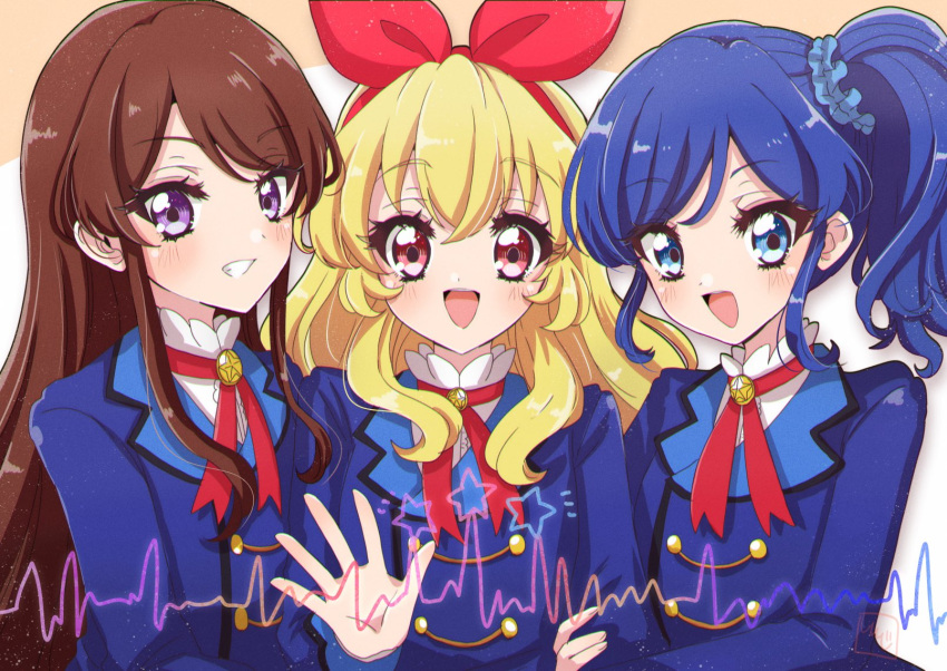 3girls, :d, aikatsu!, aikatsu!_(series), blonde_hair, blue_eyes, blue_hair, blue_jacket