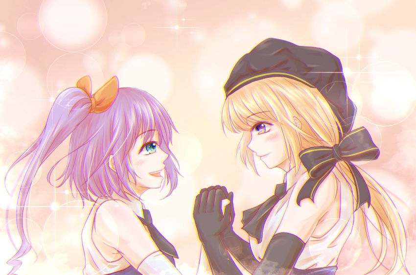 ascot, assault_lily, bangs, bare_shoulders, beret, black_ascot, black_bow, black_gloves