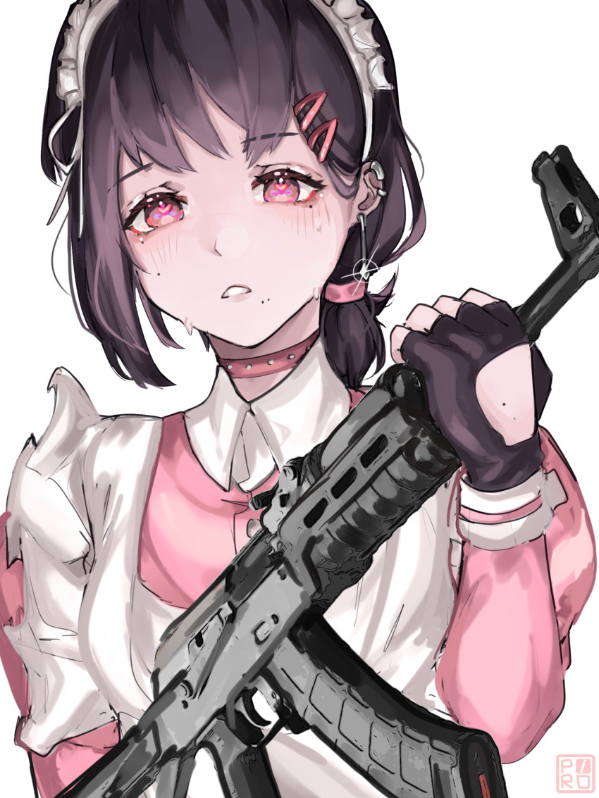 1girl, alternate_costume, apron, assault_rifle, black_hair, chainsaw_man, commentary, ear_piercing, earrings, enmaided, fingerless_gloves, frown, gloves, gun, heart, heart-shaped_pupils, higashiyama_kobeni, highres, holding, holding_gun, holding_weapon, jewelry, juliet_sleeves, kalashnikov_rifle, long_sleeves, maid, maid_apron, maid_headdress, mole, mole_under_eye, multiple_moles, piercing, pink_eyes, piro_(piropoi), puffy_sleeves, rifle, short_ponytail, signature, solo, sparkle, sweat, symbol-shaped_pupils, upper_body, weapon