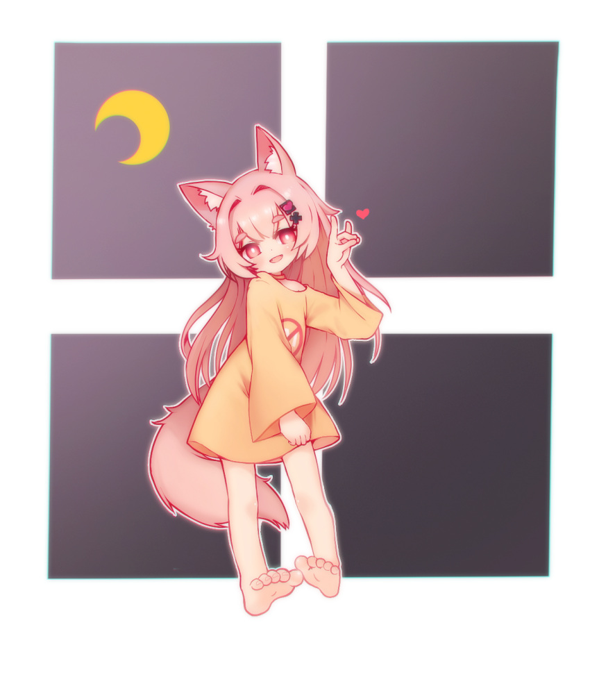 1girl, :d, animal_ear_fluff, animal_ears, barefoot, crescent_moon, fangs, fox_ears