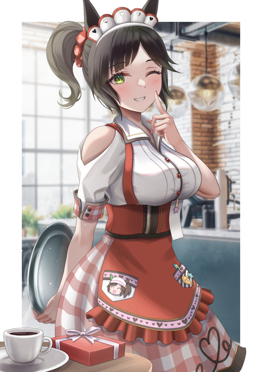 1girl, absurdres, animal_ears, apron, bangs, blush, box, breasts