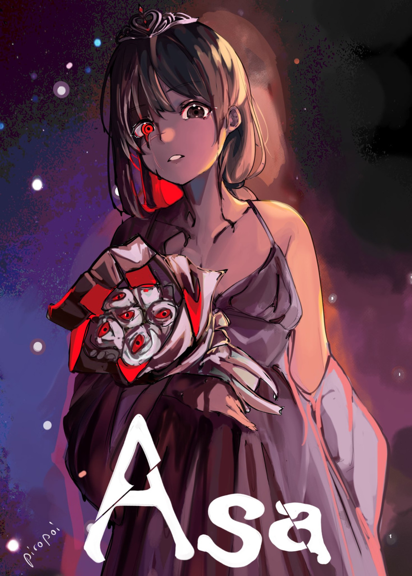 1girl, artist_name, bouquet, brown_eyes, brown_hair, carrie_(stephen_king), carrietta_white, carrietta_white_(cosplay)