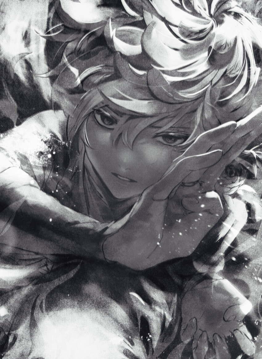 1boy, absurdres, gabimaru, grey_robe, greyscale, highres, himari_(_h_i8), jigokuraku