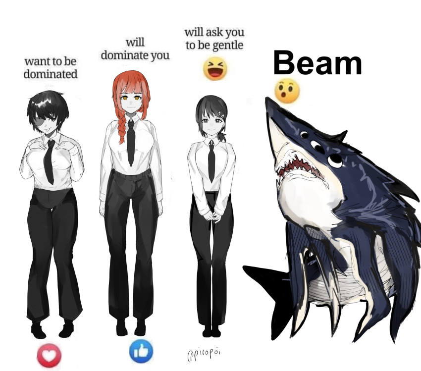 1boy, 3girls, alternate_breast_size, beam_(chainsaw_man), braid, breasts, breasts_squeezed_together, chainsaw_man