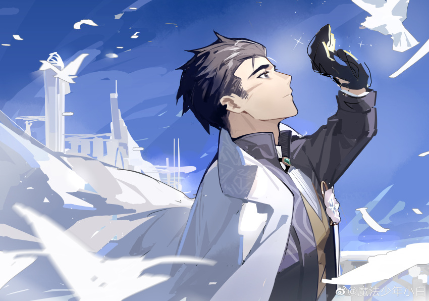 1boy, absurdres, alchemy_stars, bird, black_gloves, black_hair, coat, coat_on_shoulders, eloseu_(haribochase), from_side, gloves, highres, long_sleeves, male_focus, pigeon, pittman_(alchemy_stars), scar, scar_on_cheek, scar_on_face, shirt, short_hair, solo, upper_body, white_coat