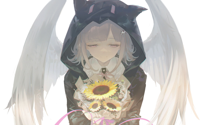 1girl, animal_ears, animal_hood, bangs, black_jacket, bouquet, closed_mouth, collared_shirt