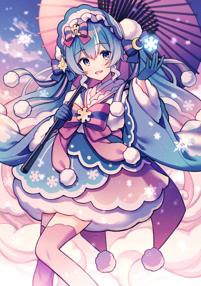 blue_gloves, blue_hair, bow, edward-el, frilled_bonnet, fur_trimmed_dress, gloves, hair_bow