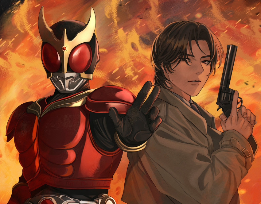 2boys, armor, brown_coat, brown_hair, coat, fiery_background, fire, gun, highres, holding, holding_gun, holding_weapon, ichijou_kaoru, kamen_rider, kamen_rider_kuuga, kamen_rider_kuuga_(series), male_focus, multiple_boys, necktie, revolver, sasakura34, trigger_discipline, weapon