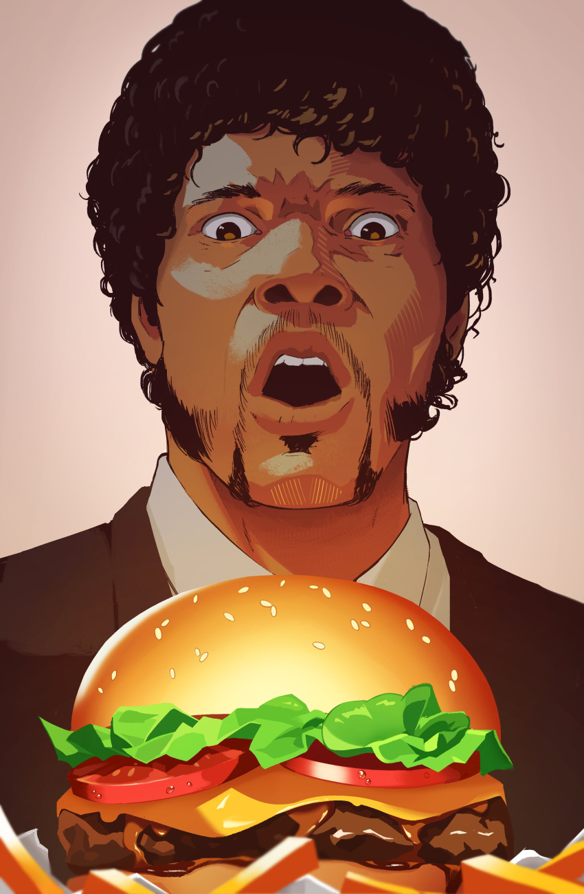 1boy, :o, absurdres, afro, black_hair, black_jacket, brown_eyes, burger