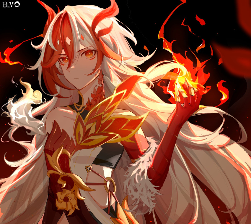 1girl, artist_name, bangs, bare_shoulders, breasts, chinese_clothes, closed_mouth, elvo-.-_(ugo62847033), eyebrows_hidden_by_hair, fire, fu_hua, highres, holding, honkai_(series), honkai_impact_3rd, long_hair, looking_at_viewer, simple_background, small_breasts, solo, upper_body, white_hair