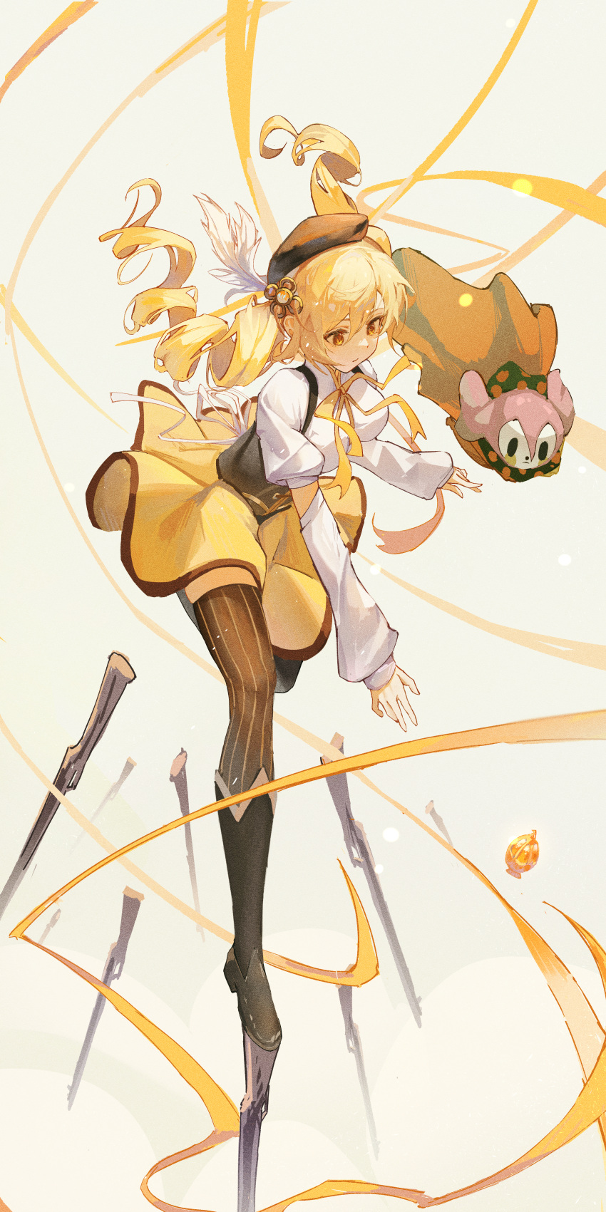 1girl, absurdres, beret, black_headwear, blonde_hair, boots, breasts, brown_footwear, charlotte_(madoka_magica), corset, detached_sleeves, drill_hair, gun, hair_ornament, hairpin, hat, highres, large_breasts, magical_girl, magical_musket, mahou_shoujo_madoka_magica, miniskirt, neck_ribbon, pleated_skirt, puffy_sleeves, ribbon, short_twintails, skirt, striped, striped_thighhighs, thigh-highs, tomoe_mami, twin_drills, twintails, vertical-striped_thighhighs, vertical_stripes, weapon, xianluojimaomao2333, yellow_eyes, yellow_ribbon, yellow_skirt
