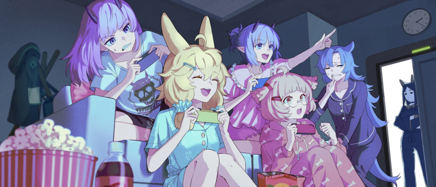6+girls, animal_ears, arknights, bag_of_chips, beagle_(arknights), closed_eyes, controller, couch