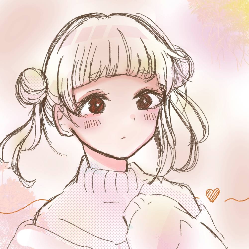 1girl, arashi_chisato, bangs, blush, brown_eyes, check_commentary, commentary, commentary_request, double_bun, hair_bun, heart, looking_at_viewer, love_live!, love_live!_superstar!!, single_sidelock, sleeves_past_fingers, sleeves_past_wrists, solo, suzuhara_nozomi, sweater, upper_body, white_hair