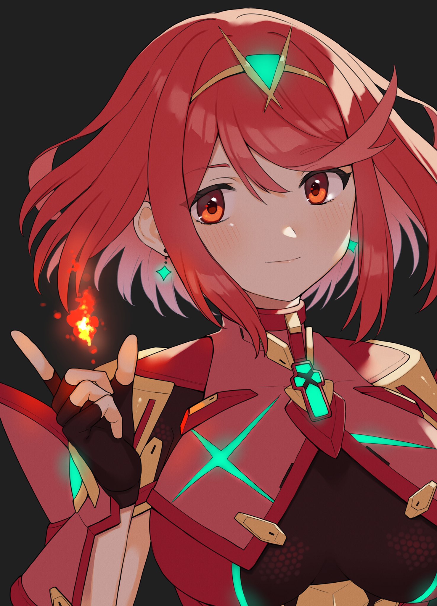 1girl, armor, bangs, black_background, blush, bob_cut, chest_jewel, dangle_earrings
