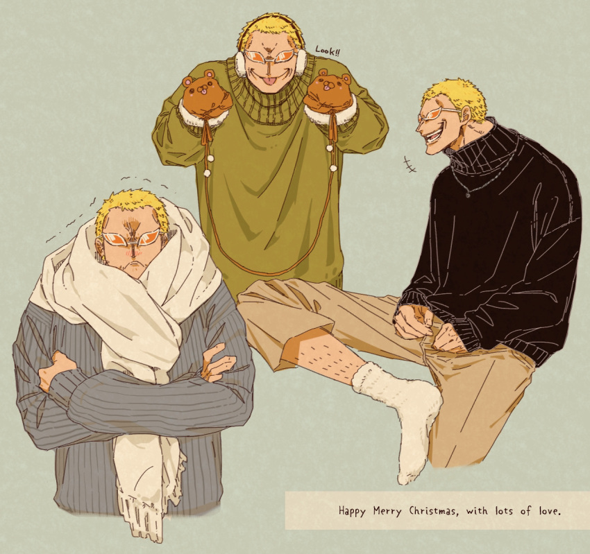 1boy, bear, blonde_hair, brown_mittens, cold, donquixote_doflamingo, earmuffs, english_text