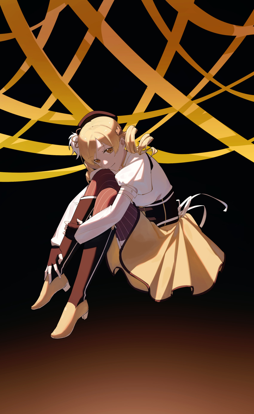 1girl, absurdres, beret, blonde_hair, boots, breasts, brown_footwear, brown_gloves, brown_headwear, corset, detached_sleeves, drill_hair, fingerless_gloves, gloves, hair_ornament, hairpin, hat, highres, large_breasts, magical_girl, mahou_shoujo_madoka_magica, pleated_skirt, puffy_sleeves, qipao_shui, short_twintails, sitting, skirt, solo, striped, striped_thighhighs, thigh-highs, tomoe_mami, twin_drills, twintails, vertical-striped_thighhighs, vertical_stripes, yellow_eyes, yellow_skirt