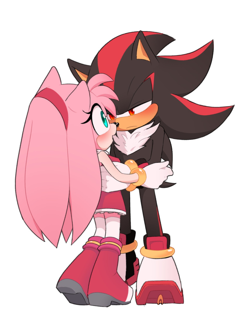 1boy, 1girl, alternate_eye_color, amy_rose, animal_ears, animal_nose, aqua_eyes, back