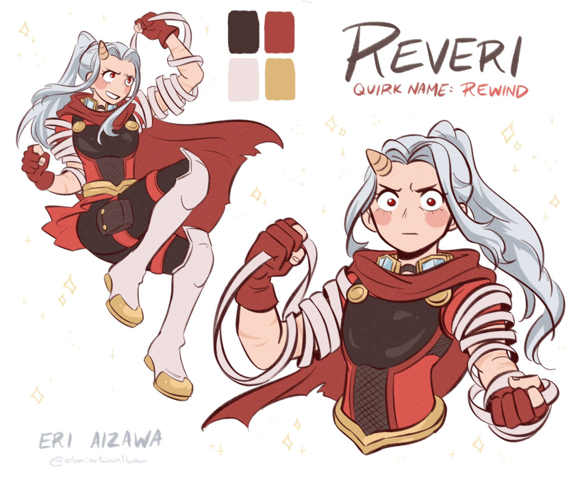 1girl, aged_up, boku_no_hero_academia, boots, cape, character_name, closed_mouth, commentary, cropped_torso, daniartonline, english_commentary, english_text, eri_(boku_no_hero_academia), fingerless_gloves, full_body, gloves, grey_hair, highres, horns, long_hair, looking_at_viewer, ponytail, red_cape, red_eyes, red_gloves, short_sleeves, simple_background, single_horn, white_background, white_footwear