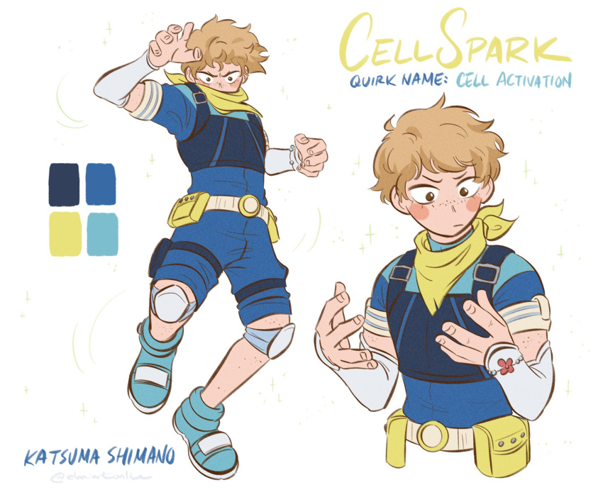 1boy, aged_up, belt, blue_bodysuit, blue_footwear, body_freckles, bodysuit, boku_no_hero_academia
