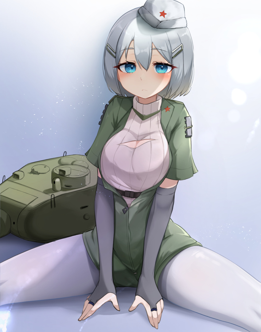 1girl, absurdres, blue_eyes, blush, breasts, cleavage_cutout, clothing_cutout, daebom