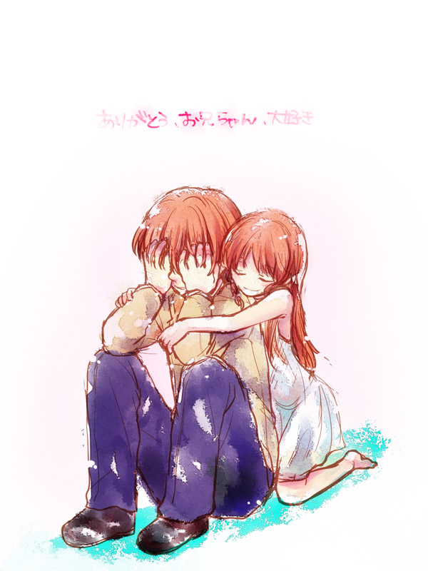 brother_and_sister, closed_eyes, hands_on_face, hands_on_own_face, hug, hug_from_behind, mina_m, otonashi_(angel_beats!)