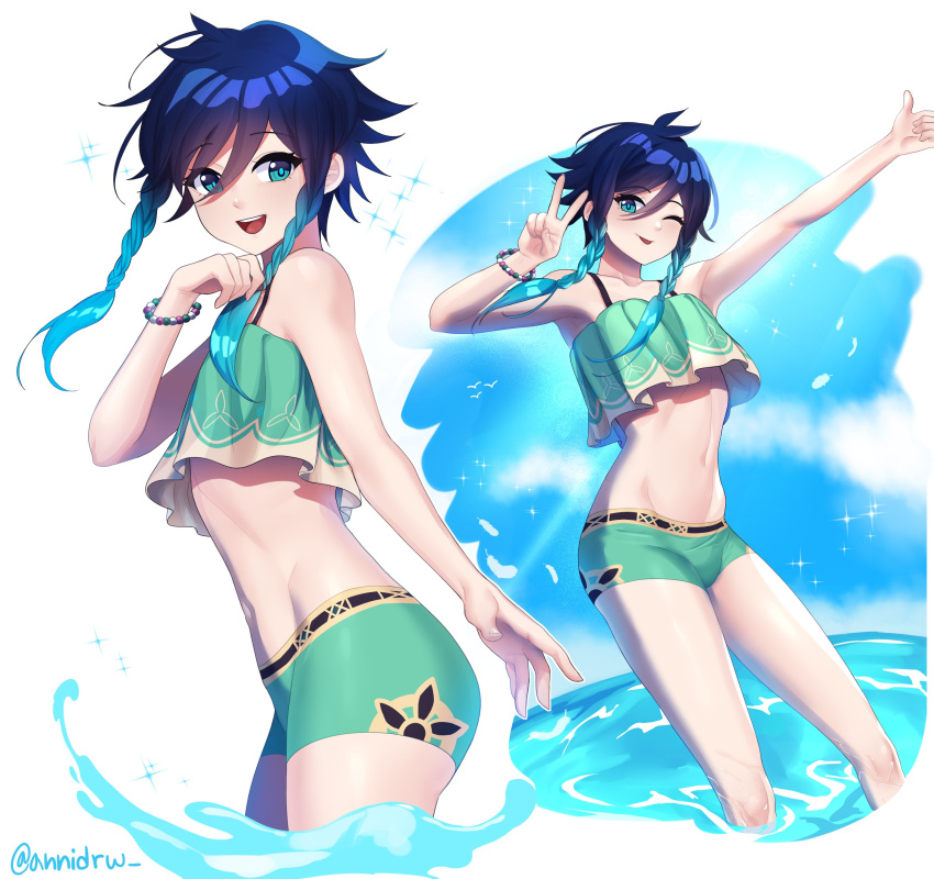 1boy, ;p, absurdres, alternate_costume, androgynous, annidrw, bangs, bikini