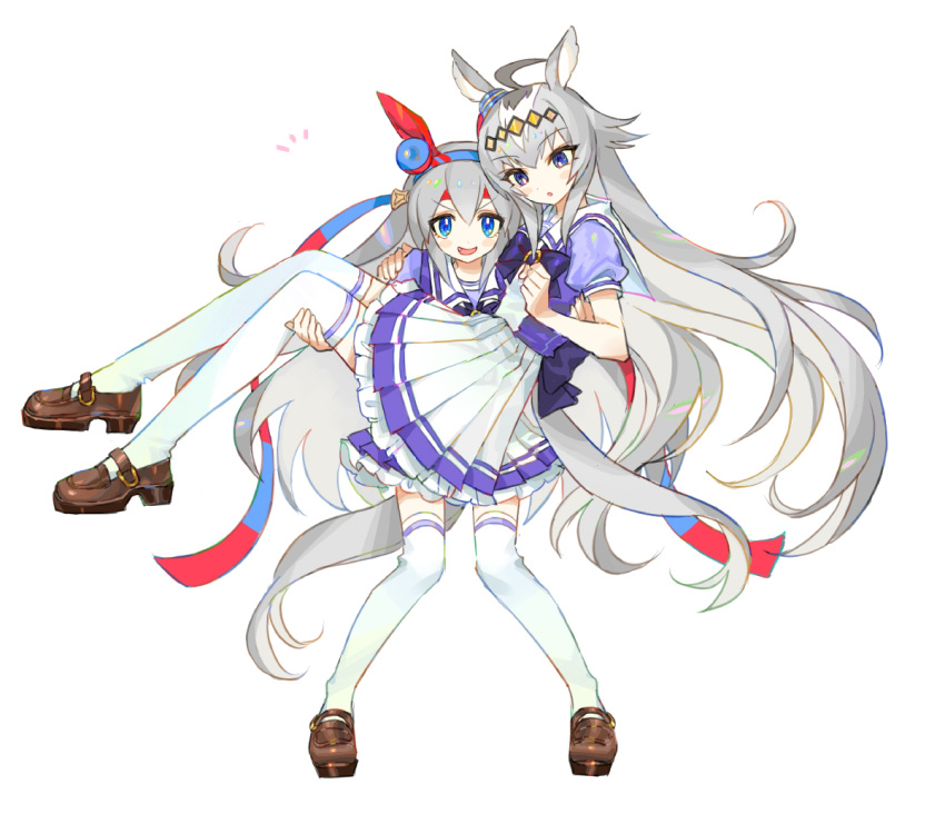 2girls, ahoge, animal_ears, blue_eyes, blush, bow, bowtie, brown_footwear