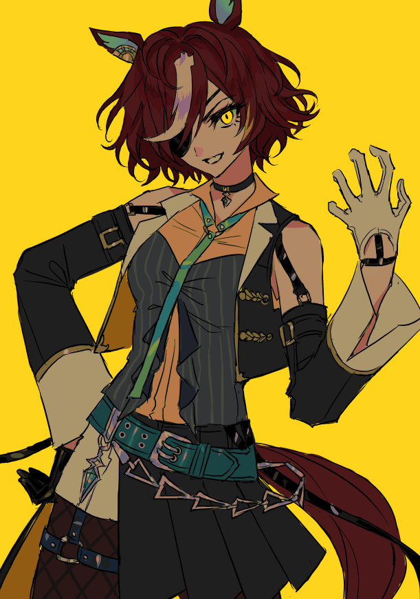 1girl, animal_ears, asymmetrical_gloves, belt, black_gloves, black_jacket, black_skirt, breasts