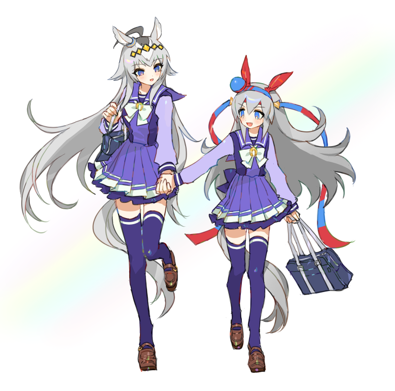 2girls, ahoge, animal_ears, bag, blue_eyes, blush, bow, bowtie