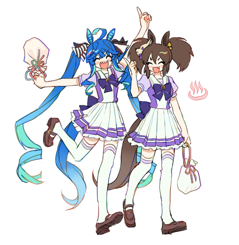 2girls, ^_^, ahoge, animal_ears, arm_up, bag, bangs, blue_hair