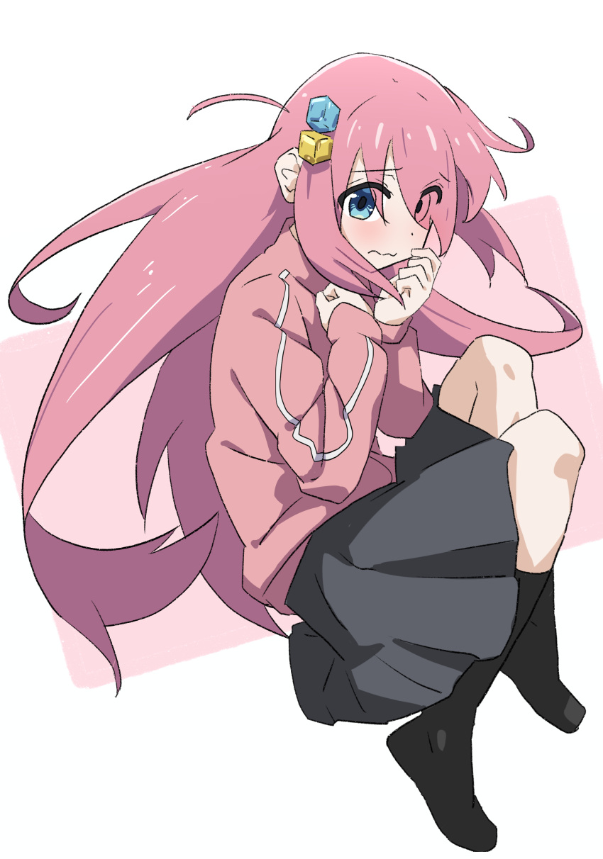 1girl, absurdres, ahoge, bangs, black_socks, blue_eyes, bocchi_the_rock!, cube_hair_ornament
