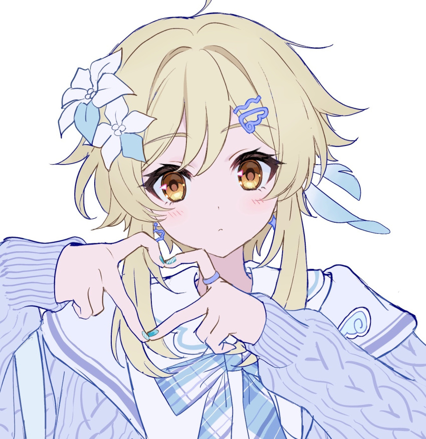 1girl, alternate_costume, bangs, blonde_hair, blue_bow, blue_bowtie, blue_flower, blue_jacket