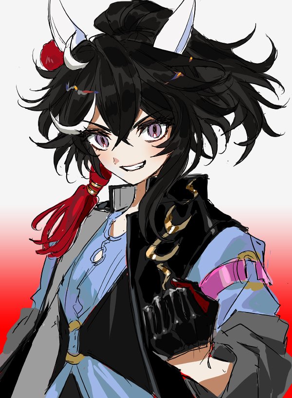 1girl, animal_ears, bangs, black_gloves, black_hair, blue_shirt, clenched_hand, didi_(whaqlrpwjd)