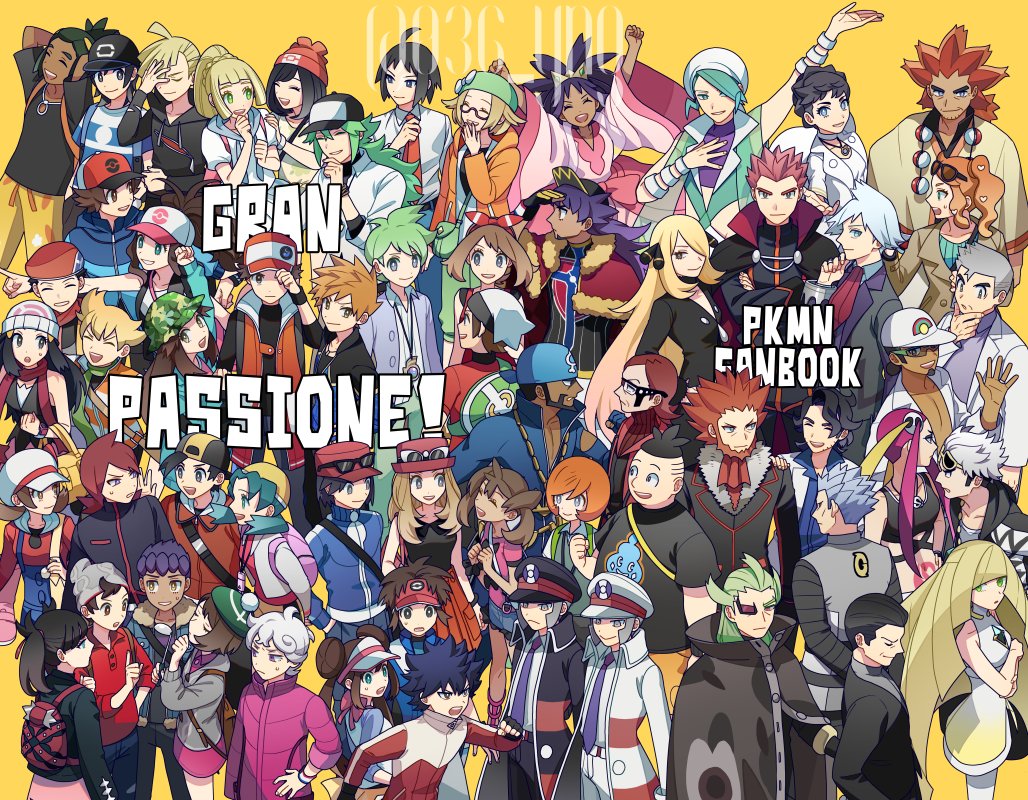 6+boys, 6+girls, :d, ahoge, alder_(pokemon), archie_(pokemon), arms_up, augustine_sycamore