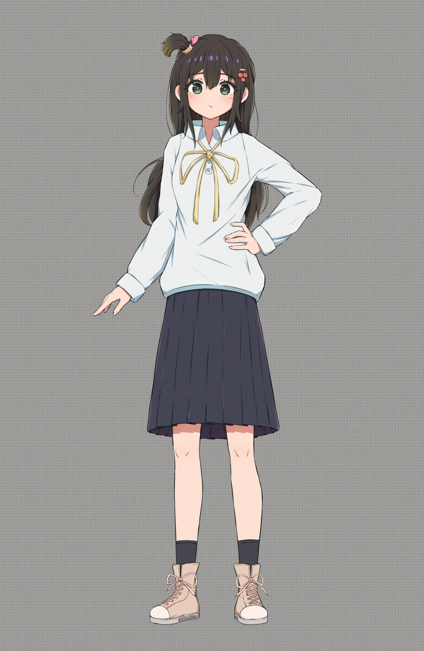 1girl, absurdres, bangs, black_skirt, black_socks, brown_footwear, brown_hair, chinese_commentary