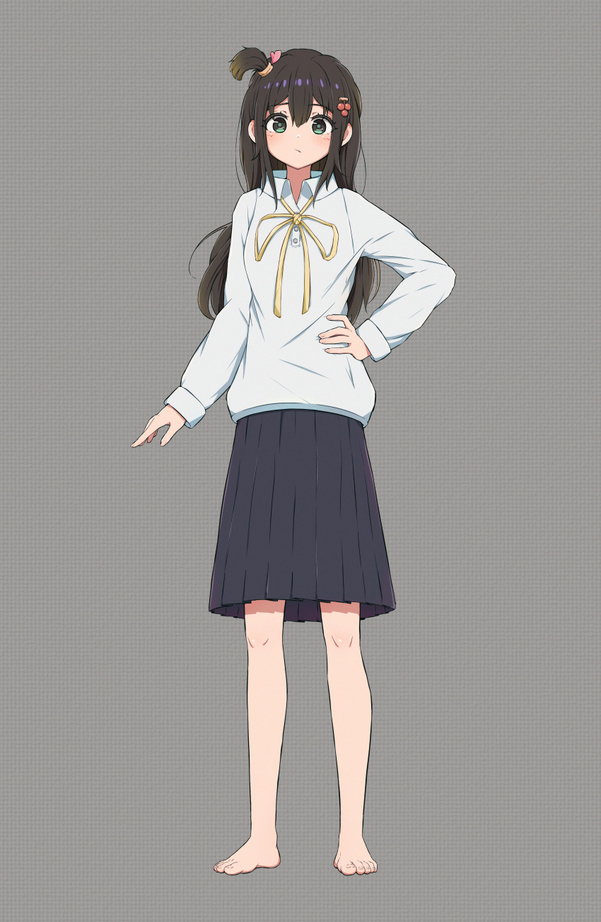 1girl, absurdres, bangs, barefoot, black_skirt, brown_hair, chinese_commentary, closed_mouth, collared_shirt, commentary_request, eyelashes, feet, full_body, green_eyes, grey_background, grey_shirt, hair_ornament, hair_scrunchie, hand_on_hip, highres, long_hair, looking_at_viewer, neck_ribbon, one_side_up, original, patterned_background, pleated_skirt, qiufengxiaose, ribbon, school_uniform, scrunchie, shirt, sidelocks, skirt, solo, standing, toenails, toes, yellow_ribbon