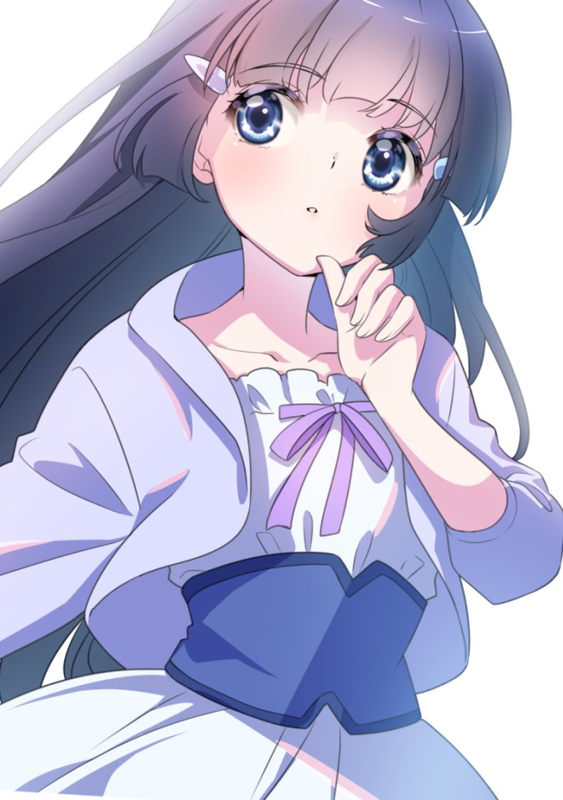 1girl, aoki_reika, blue_eyes, blue_hair, blue_jacket, commentary_request, dress, hair_ornament