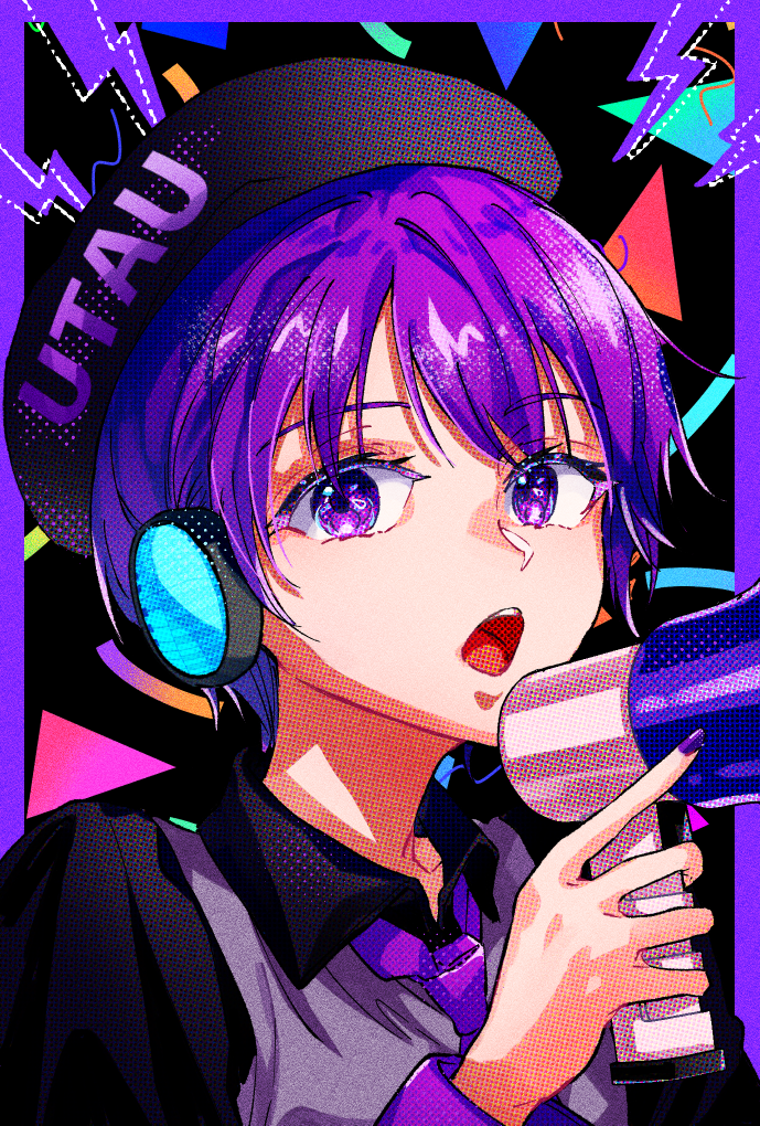 1girl, bangs, beret, black_headwear, black_sleeves, border, collared_shirt, copyright_name
