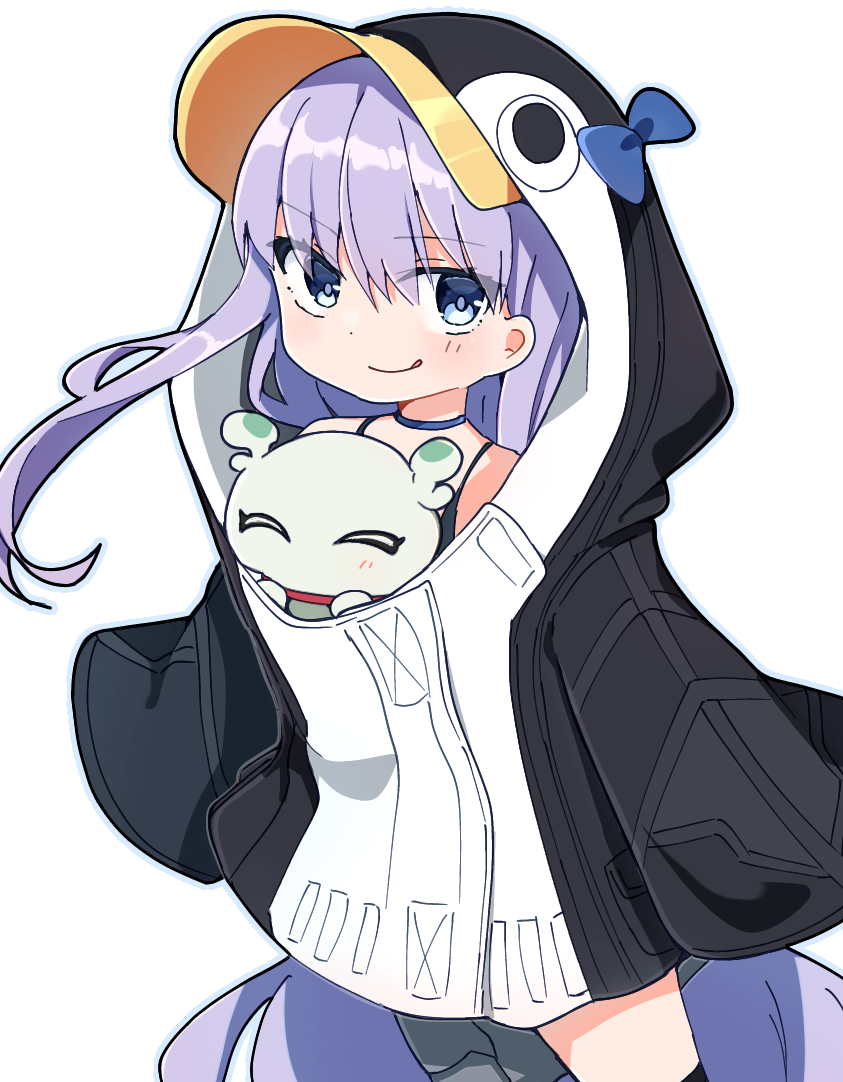 1girl, 1other, :q, absurdly_long_hair, animal_hood, arms_at_sides, bikini, bikini_under_clothes