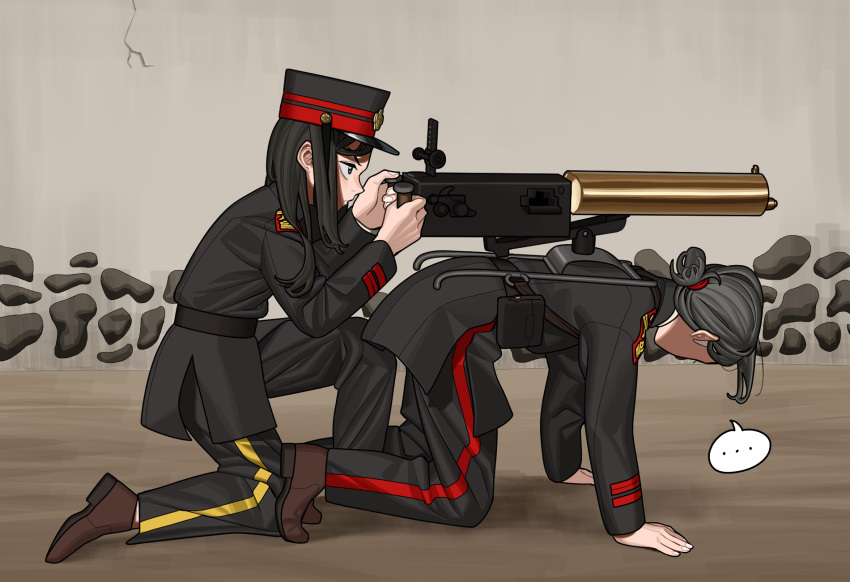 ..., 2girls, all_fours, black_coat, black_hair, black_pants, brown_footwear, browning_m1917