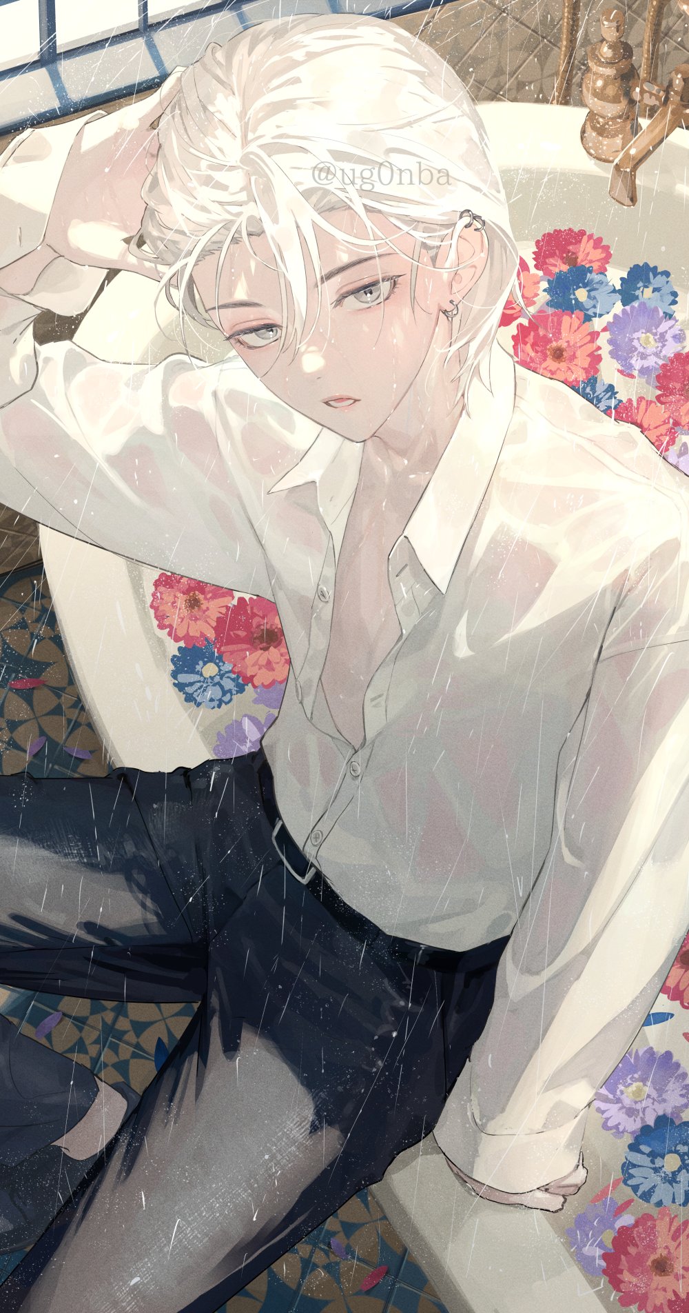 1boy, belt, black_belt, black_pants, collared_shirt, grey_eyes, highres, long_sleeves, looking_at_viewer, looking_up, male_focus, open_clothes, open_shirt, original, pants, shirt, short_hair, solo, ugonba_(howatoro), unbuttoned, unbuttoned_shirt, white_hair, white_shirt