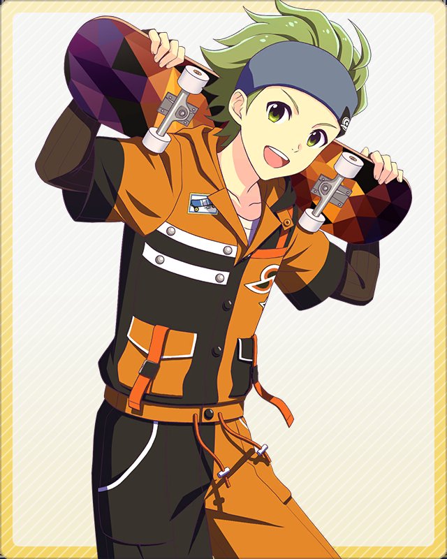 1boy, fingernails, green_eyes, green_hair, headband, holding, holding_skateboard, idolmaster