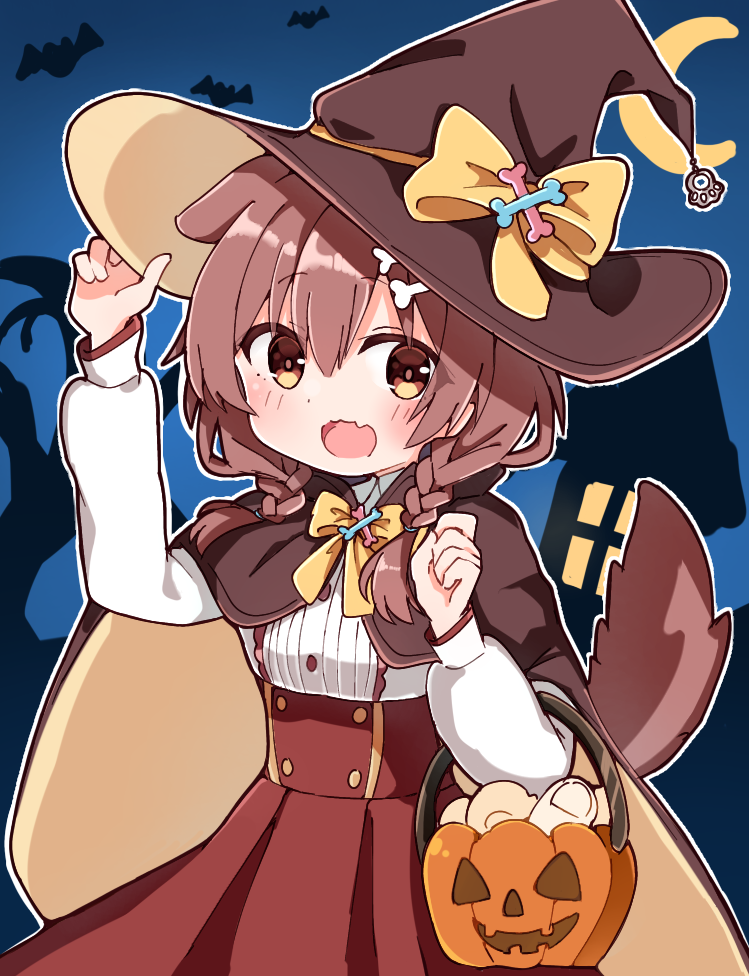 1girl, animal_ears, bangs, bone_hair_ornament, bow, bowtie, braid, brown_cape, brown_eyes, brown_hair, brown_headwear, cape, center_frills, chibi, commentary, cowboy_shot, dog_ears, dog_girl, dog_tail, extra_ears, fangs, frilled_shirt, frills, hair_between_eyes, hair_ornament, hairclip, halloween, hand_on_headwear, hat, hat_bow, high-waist_skirt, hololive, inugami_korone, jack-o'-lantern, long_hair, long_sleeves, looking_at_viewer, low_twin_braids, low_twintails, official_alternate_costume, rabiiandrain, red_skirt, shirt, simple_background, skin_fangs, skirt, solo, tail, twin_braids, twintails, virtual_youtuber, white_background, white_shirt, witch_hat, yellow_bow, yellow_bowtie, yubi_yubi_(inugami_korone)